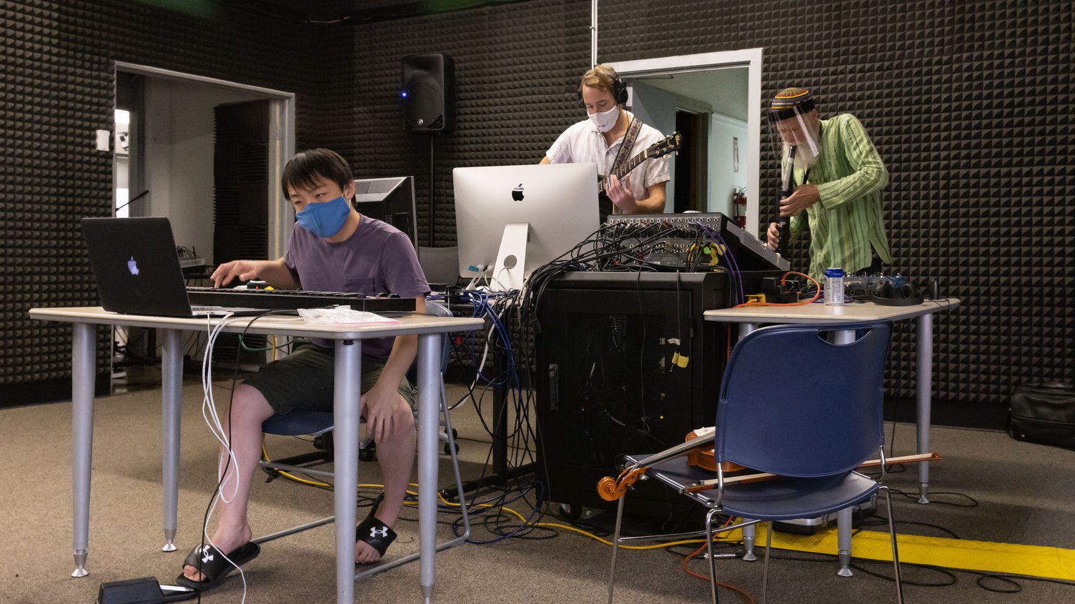 The Sound Art Collaborative, led by Professor Dwight Frizzell, hones their improv skills. Each student brings their own musical skill using traditional instruments, foley sound and spoken word to create an otherworldly soundscape.